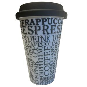 Ciroa Coffee Travel Mug 12oz Porcelain Black White Typography Lid Gift Drinkware